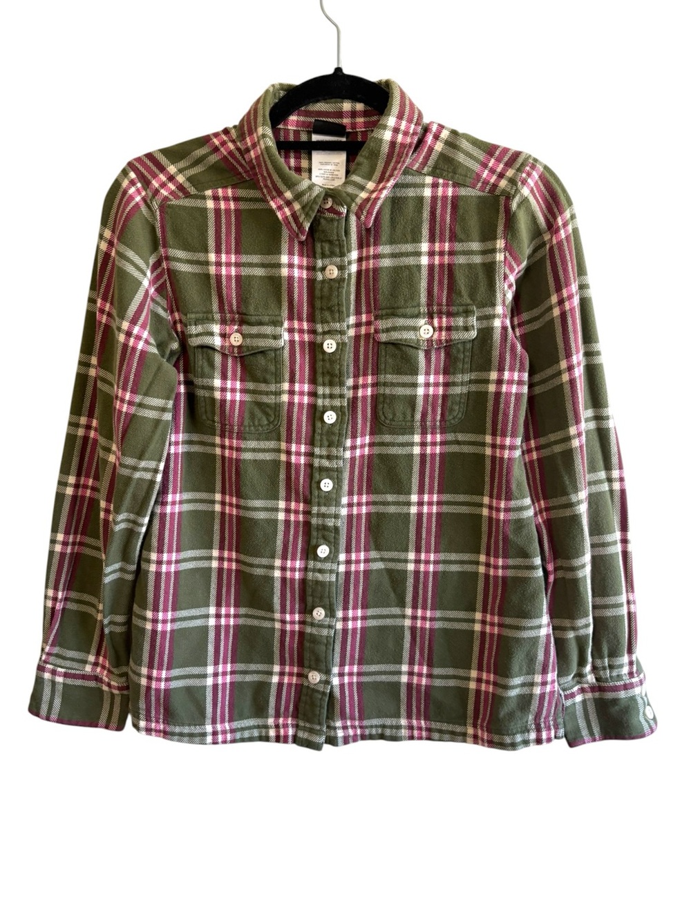Patagonia Women’s Size 4 Green Pink Plaid Button Up Flannel Shirt Outdoor Travel